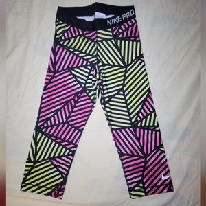 Nike Pro Pink & Green Printed Activewear Cropped Leggings Size S